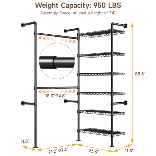 L2 Wall Mounted Closet System, Industrial Pipe Clothing Rack Clothes Racks with 2 Telescopic Rod & 6 Shelves, Heavy Duty Closet Organizers System in Wardrobe Closet, Black - color: Black
