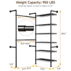 L2 Wall Mounted Closet System, Industrial Pipe Clothing Rack Clothes Racks with 2 Telescopic Rod & 6 Shelves, Heavy Duty Closet Organizers System in Wardrobe Closet, Black - color: Black