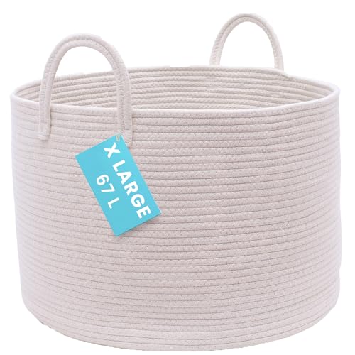 OrganiHaus Large Woven Storage Basket for Blankets and Toys 20" x 13" Inch, Rope Laundry Basket with Handles, Cushions & Pillows Storage Bin, Nursery Hamper, Soft Round Dog Toy Bin - Off-White - color: Full Off-White, size: Wide