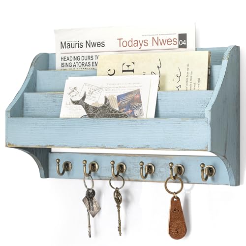 Rebee Vision Pine Wood Key Holder Wall Mount - Farmhouse 3-Tire Mail Holder with 6 Key Hooks for Home Decor- Multifunctional Wall Organizer for Entreyway, Living Room (Blue) - color: Blue