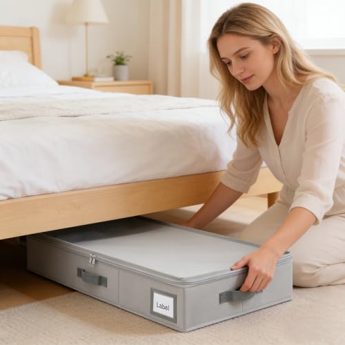 Cupic Cupid Under Bed Storage Containers, 2 Pack Foldable Organizer with Lid for Bedroom, Underbed Storage Box for Blankets, Clothes, Shoes, Grey - size: 31½"L x 15¾"W x 4¾"H