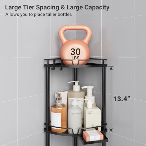 ELYKEN Corner Shower Caddy Standing, 3 Tier Rustproof Metal Shower Organizer with Soap Holder, Floor Shower Corner Shelf Rack Storage Stands with Adjustable Feet & 2 Hooks for Bathroom, Black - color: Black, size: 3 Tier