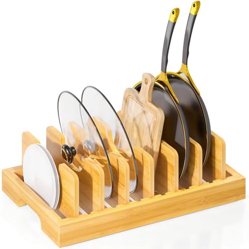 Kiasthome Bamboo Pot and Pan Organizer, Pot Lid Organizer Holder Rack for Countertop Drawer, Kitchen Cabinet Organizer with 7 Adjustable Dividers for Pots, Pans, Baking Sheets, Cutting Boards, Nature - color: Nature