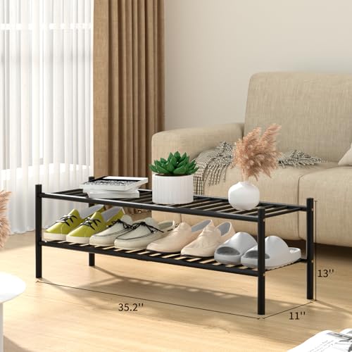 ROMGUAR CRAFT 2-Tier Bamboo Long Shoe Rack, Free Standing Wood Shoe Shelf Storage Organizer for Closet Entryway Stackable 35"x11"x13" (Black) - color: Black, size: 2-Tier(Long)
