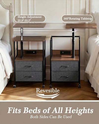 Faesun Swivel Lift Top Nightstand with Charging Station, Rolling Side Table for Recliner, Bedside Table with Wheels & 2 Fabric Drawers, for Small Spaces, for Bedroom, Living Room, Walnut Gray - color: Walnut Gray, size: 2 Drawers