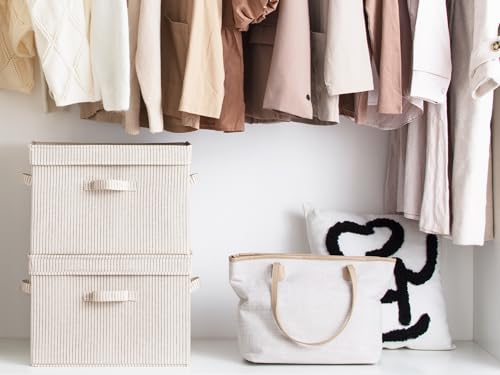 StorageWorks Fabric Storage Bins with Lid, Decorative Storage Boxes for Shelves, Stackable Closet Organizer Basket with Handles, Jumbo, Khaki and Beige Stripes, 2-Pack - color: Khaki and Beige Stripes, size: Jumbo
