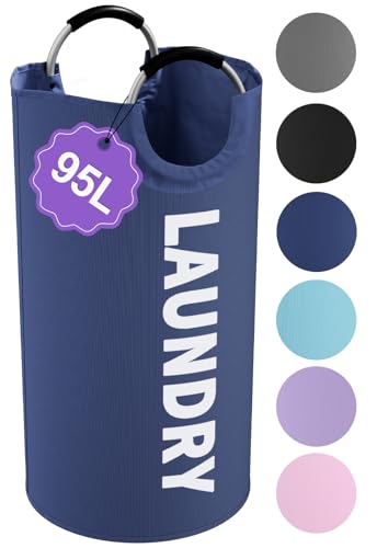 95L Collapsible Laundry Baskets for Boy, Big Clothes Hampers with Handles, Stand-alone Laundry Bin, Portable Dirty Clothes Basket for Bathroom, Camping, Navy Blue - color: Navy Blue, size: L-95L