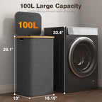 100L Laundry Hamper with Lid, Large Laundry Basket with Bamboo Handles, Clothes Hampers for Laundry with Removable Bag, Dirty Clothes Hampers for Bedroom Aesthetic, Grey - color: Grey
