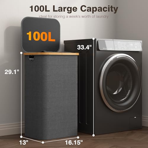 100L Laundry Hamper with Lid, Large Laundry Basket with Bamboo Handles, Clothes Hampers for Laundry with Removable Bag, Dirty Clothes Hampers for Bedroom Aesthetic, Grey - color: Grey