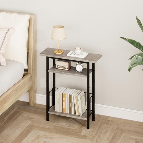 Vagusicc Narrow Side Table, Skinny Side Table for Couch, 3-Tier Small End Table for Small Spaces, Bed Side Tables with Storage, 25.2" Tall Slim Nightstand Bedside table for Living Room Bedroom, Greige - color: Greige, style: Ordinary