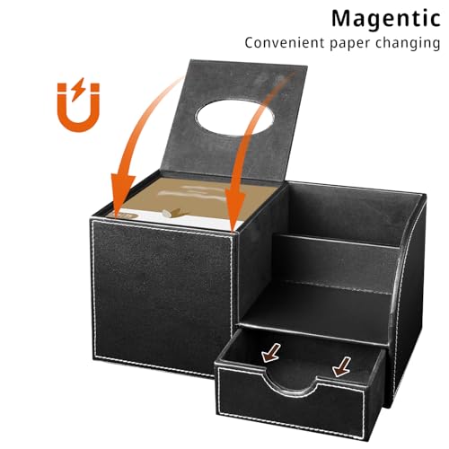 Nightstand Organizer with Tissue Holder,PU Leather Square Tissue Box Cover,Modern Facial Paper Organizer Storage Box for Remote Control,Bathroom,Vanity Countertop,End Table Home Office.Black - color: Black