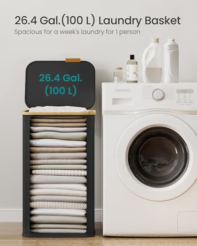SONGMICS Laundry Hamper, Laundry Basket with Lid, Foldable Storage Basket, Bamboo Frame, for Bedroom, Living Room, Oxford Fabric, 26.4 Gal. (100 L), Ink Black ULCB518BH01 - color: Ink Black, size: 100 L (1-Section)
