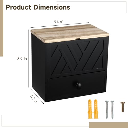 Feminine Product Organizer with Drawer, Wooden Tampon Holder for Bathroom with Flip Lid, Multi Compartment Storage Box for Pads Cotton Swabs Toiletries, 9.4 x 5.7 x 8.9 in