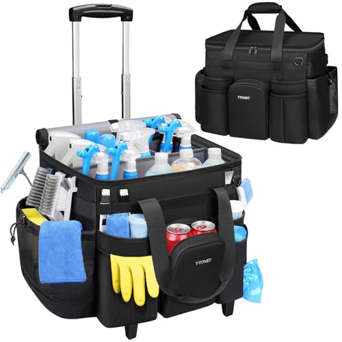 Ytonet Cleaning Caddy with Wheels, Large Rolling Cleaning Caddy Bag with Detachable Trolley for Housekeepers, Water Resistant Cleaner Supplies Organizer with Wheels for Kitchen, Car, Tool Organizer - color: Black, size: X-Large
