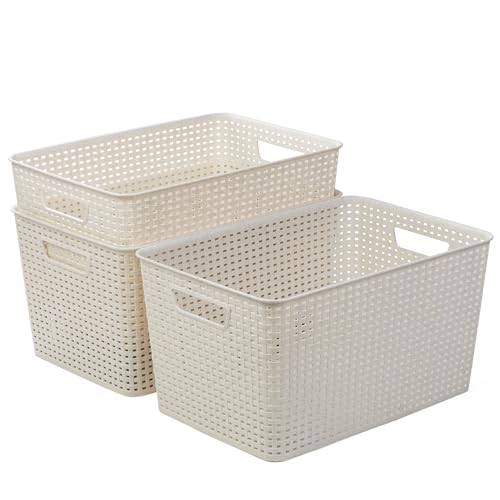 BINO | Plastic Storage Baskets, 22 Liter - 3 Pack, Natural | THE WOVEN COLLECTION | Storage Basket for Shelves | Woven Storage Baskets for Organizing Bins | Pantry Shelf Organizer | Container Bin - color: Natural, size: 22L | 3-Pack