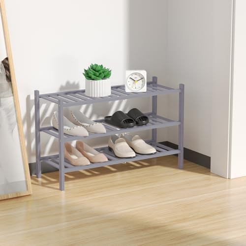 RONGJlA 2 Tier Bamboo Shoe Rack for Closet Free Standing Wood Shoe Shelf Storage Organizer for Entryway Small Space Stackable, Grey - color: Grey, size: 3-Tier-Regular