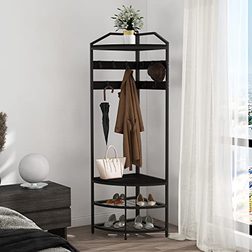 GiftGo Corner Hall Tree with Shoe Bench Entryway Coat Rack with 10 Metal Movable Hooks Freestanding Clothes Rack Shoes Shelf Organizer for Home Office Bedroom (Black) - color: Black