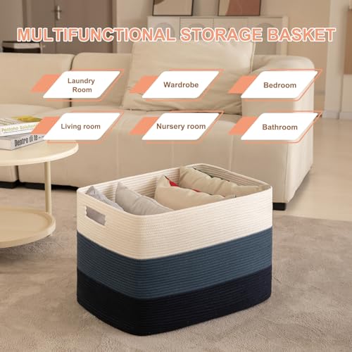 OIAHOMY 108L Super Large Blanket Basket, 25”x16”x16” Rectangle Woven Baskets for Storage, Cotton Rope Basket For Living Room, Toy Storage with Handle - Gradient Blue - color: Gradient Blue