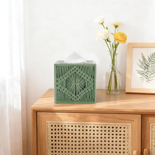 Mkono Tissue Box Cover Macrame Square Open-Bottom Tissue Box Holder Boho Decor Tissue Organizer Bohemian Handmade Woven Tissue Cube Box for Bathroom Bedroom Dresser Living Room Office Dorm, Green - color: Green