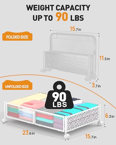 Under Bed Storage With Wheels, 4 Pack Foldable Pattern Carved Metal Under Bed Storage Containers, 60L Rolling Underbed Storage, Easy Assembly Under The Bed Storage for Shoes, Blankets... - color: White, size: 4 Pack