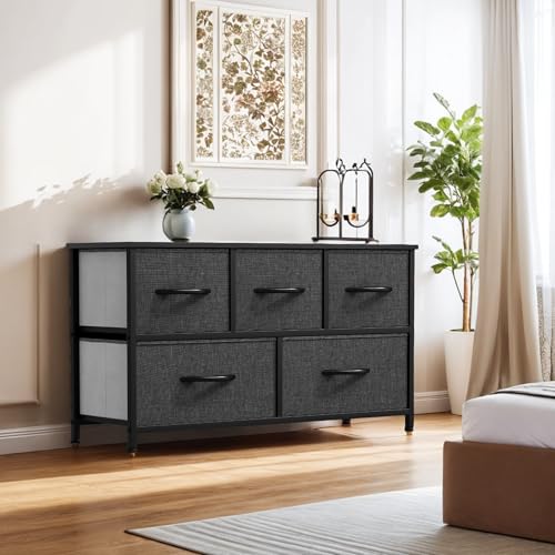 YITAHOME Dresser with 5 Drawers - Fabric Storage Tower, Black Dresser & Chest of Drawers, Organizer Unit for Bedroom - color: Black Ash Grey(new 2025), style: 5-Drawer