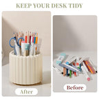 Anyoifax 360° Rotating Pen Holder 7 Slots Desk Organizer Removable Pencil Cup Plastic Art Supplies and Accessories Desktop Storage Box Caddy for Office, School, Home (Beige) - style: Stripe Beige