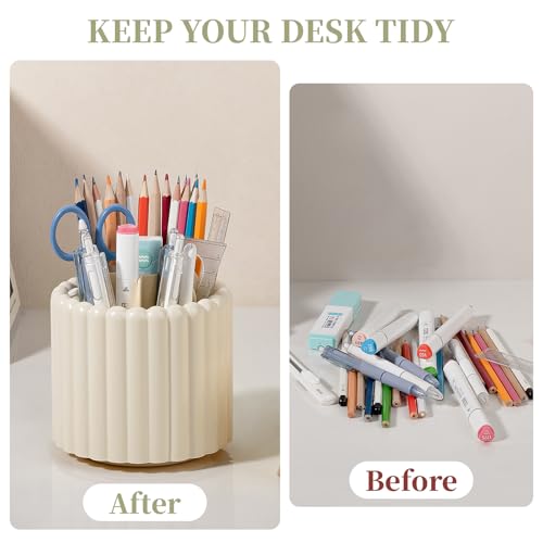 Anyoifax 360° Rotating Pen Holder 7 Slots Desk Organizer Removable Pencil Cup Plastic Art Supplies and Accessories Desktop Storage Box Caddy for Office, School, Home (Beige) - style: Stripe Beige