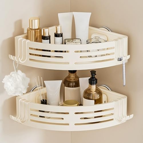 Conworld Corner Shower Caddy Suction Cups, Corner Shower Shelf With a Towel Bar, Shower Organizer Suction for Bathrooms Storage with Hooks, No-Drilling Removable (Aluminum, 2-Pack, Cream) - style: Cream