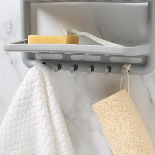 Bath Bliss Molded Shower Caddy | Bathroom Storage | Hangs Over Shower Head | 6 Accessory Hooks | Holds Razors | Washcloths | Accessories | Suction Cup Stability | Grey