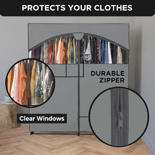 HOLDN’ STORAGE Portable Wardrobe Closet - 65 lb Large Capacity, Internal Heavy Duty Metal Rod, Zipper & Clear Window, Durable Clothes Organizer, Tool-Free Easy Assembly, Dark Gray Canvas Cover - color: Dark Gray, size: Large