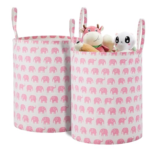 TECHMILLY Large Storage Basket for Girls and Boys, Collapsible Laundry Hamper with Long Handles, Toy Bins for Nursery, Kids Room Décor (Pink Elephant, 2 Pack) - color: Pink Elephant, size: 2 Pack