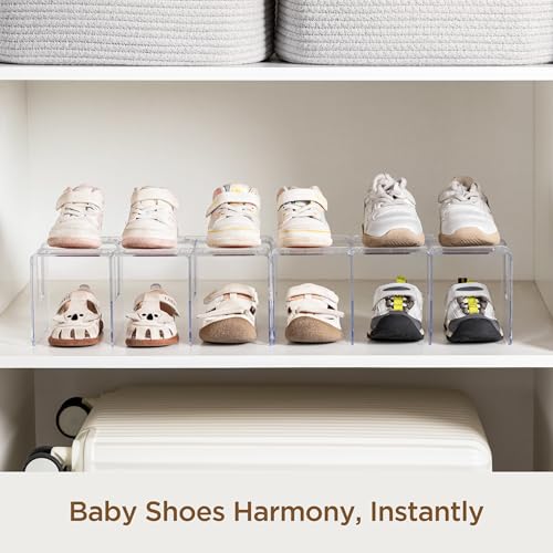 HBlife Widened 4.17 Inch Clear Acrylic Kids Shoe Rack for Closet Organizers and Storage, Small Shoe Rack 3 Sections Toddler Baby Shoe Storage Organizer Shelf, Desk File Book Purse Organizer(2 Pack) - color: Clear, size: 2 Pack(3 Sections Widened)