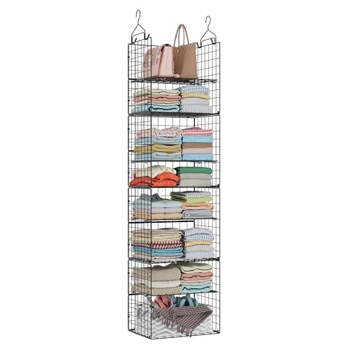 Hanging Closet Organizer and Storage - 8 Tier Closet Hanging Organizer Shelves, Metal & Foldable Hanging Storage Organizer Baskets with Adjustable Dividers for Clothing Sweaters Shoes Handbags - color: Black, size: 8-Tier