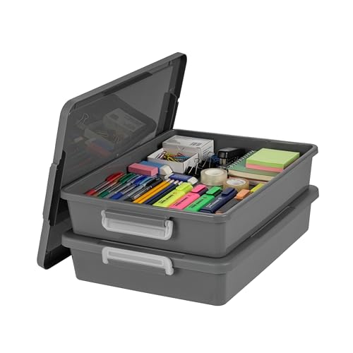 IRIS USA 6 Qt. Plastic Craft Storage Container Bins with Lids, 2 Pack, Small Art & Office Supply Organizer Tote, Sensory Bins & Boxes for Home & University, Stackable, Secure Latch Buckles, Gray - size: 6 Qt. - 2 Pack