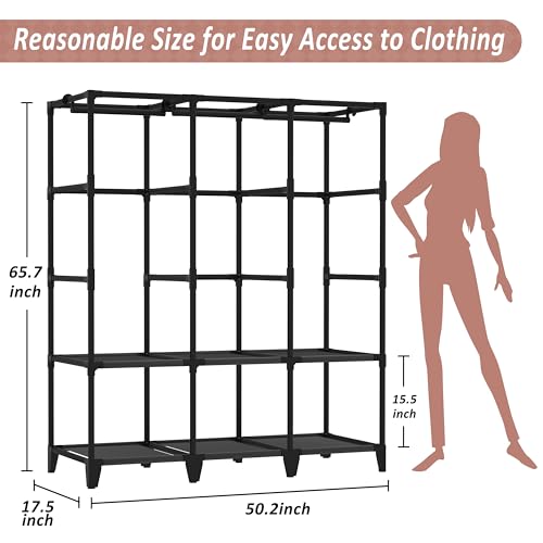 Wardrobe Closet, Quick and Easy Assembly, Gray Large Capacity Portable Closet with 3 Hanging Rods 6 Storage Shelves and 8 Side Pockets, Clothes Rack with Cover, for Bedroom and Living Room - color: Grey, size: 50 Inch