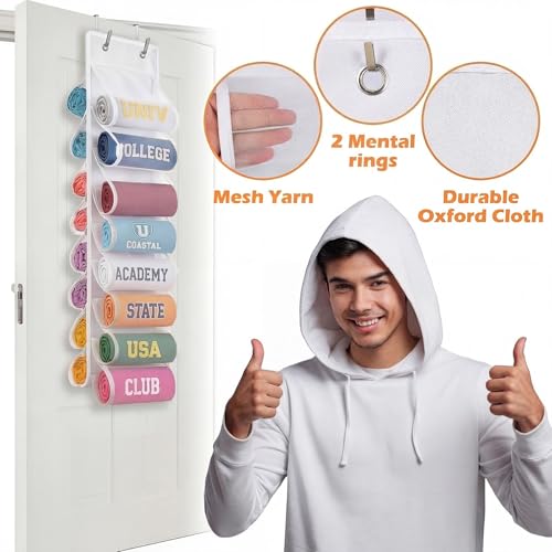 Over The Door Hoodie Organizer, Double Sided Holds 16 Hoodies, White Hanging Storage with 2 Hooks and Rope for Door Closet Cabinet Use, Ideal for Dorm Rooms Bedroom, Small Spaces - color: White