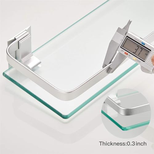 VOLPONE Glass Bathroom Shelf 15.7in Bathroom Shelf Wall Mounted Floating Glass Shelves with Towel Holder Glass Shelf for Bathroom 2 Tier (Sliver) - style: 2 tier with towel bar silver