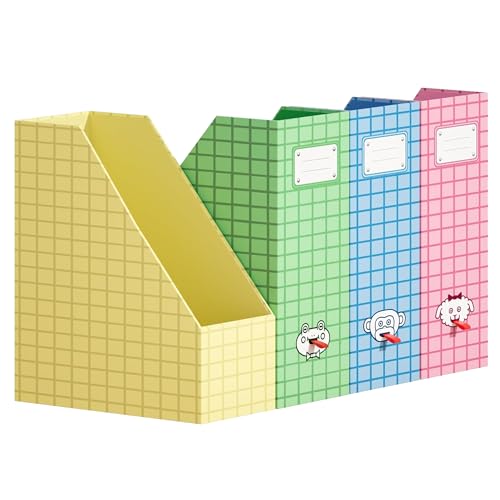 JiaWei Magazine File Holder Foldable Storage Boxes for Documents - Set of 4 Cardboard Magazine Rack Made of 2150 g/m² 10.5 cm Wide，Desk Organizer for Classroom, Home, and Office - Colorful - color: Colorful