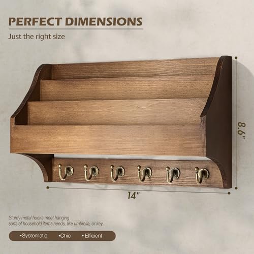 Rebee Vision Pine Wood Key Holder Wall Mount - Hanging Mail Holder for Wall with Key Hooks & 3-Tire Letter Slot - Multifunctional File Organizer for Home and Office Decor (Brown) - color: Brown