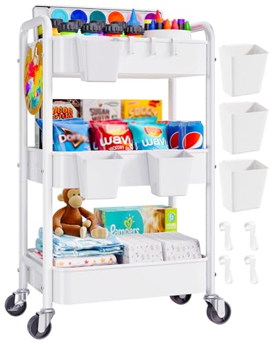 3 Tier Rolling Cart Metal with Wheels, White Three Tiered Craft Cart Organizer on Wheels, Storage Utility Carts for Art, Baby Nursery,Diaper Caddy, Cleaning Supplies, Nail,Lash,Snack,Book,Roller Shelf - color: Light White, size: 3-Tier + Cups + Hooks