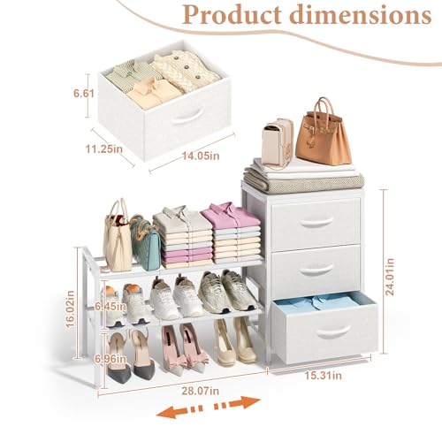 Cidaziya Expandable Closet Organizers and Storage, White Fabric Storage Dresser, 3 Drawer Dresser, Clothes Shelves for Kids, Purse Organizer Small Shoe Rack for Closet Bedroom - size: 31.29~ 43.42"W*11.41"D * 24.01"H