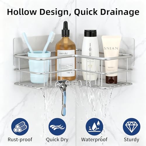 Menbyci 2 Pack Corner Shower Caddy, Adhesive Bathroom Shelf with 8 Hooks, Rustproof Stainless Steel Bathroom Organizer, No Drilling Shower Shelves Basket Wall Storage Rack Shampoo Holder (Silver) - color: Silver, size: 2 packs