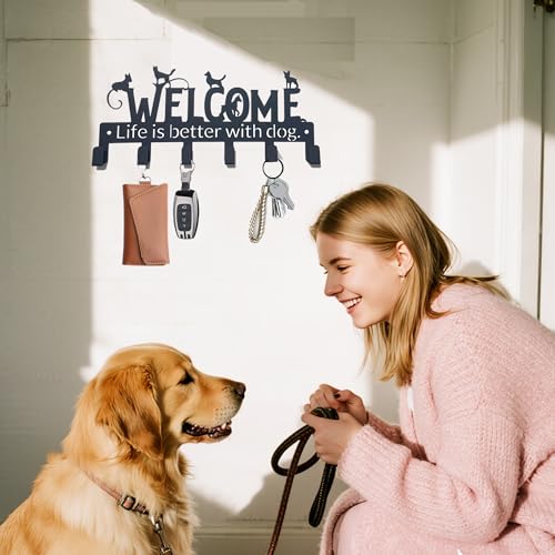 Key Holder Wall Mount with 6 Hooks, Welcome Dogs Key Rack Organizer for Entryway, Kitchen, Office - Rustproof, Waterproof - Easy Installation,Gift for New Homeowners - 9.8inch/25cm - color: Welcome Dog
