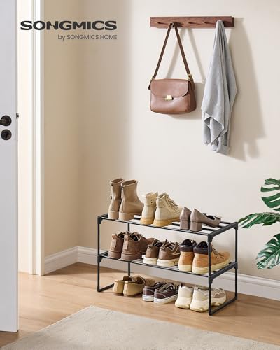 SONGMICS Shoe Rack, 2-Tier Shoe Organizer, Metal Storage Shelf, Upright or Upside Down, for 6-9 Pairs, Stackable, for Entryway, 11.8 x 26.8 x 14.6 Inches, Black ULSA202B01 - color: Black, size: 2 Tiers (26.8"W)