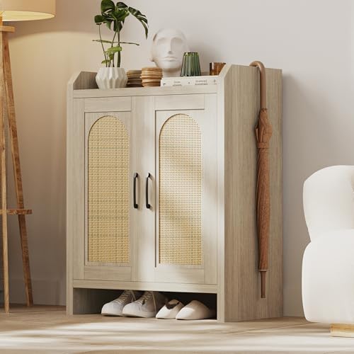 Mericonia Shoe Cabinet Storage for Entryway, Rattan Storage Cabinet, Wooden Shoe Rack with Doors, Farmhouse Boho Wood Shoe Organizer Cabinet for Hallway (Oak) - color: Oak, size: 5-tier