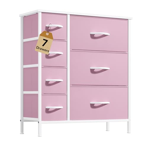 DWVO Dresser for Bedroom, 7 Drawers Fabric Dresser, Organizer Unit for Living Room, Hallway, Closets - Sturdy Steel Frame, Wooden Top & Easy Pull Fabric Bins, Pink - color: Pink, style: 7-Drawer