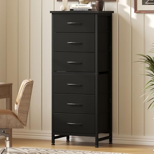 DUMOS 6 Drawers Dresser for Bedroom with Wheels, Fabric Storage Cabinet Organizer with Removable Fabric Bins, Sturdy Steel Frame for Living Room, Office, Entryway, Closets, Black - color: Black, size: 11.8"D x 15.7"W x 39.4"H (6 Drawers)