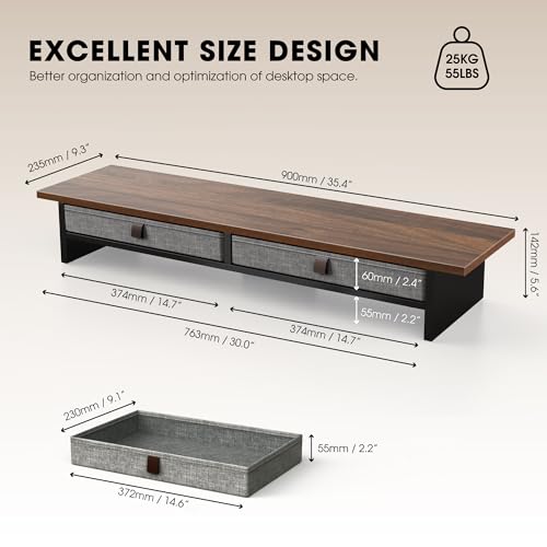 Fenge Monitor Stand with Drawer, 2 Tiers Dual Monitor Riser for Desk, 35 Inch Computer Stand for 2 Monitors, Desk Shelf for Home, Office, Laptop, PC, TV, Printer - color: Brown