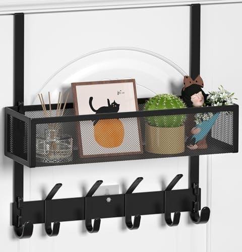 Over The Door Hooks Organizer, Over The Door Towel Rack with Mesh Basket, 10 Coat Hooks and 2 Wreath Hangers, Bathroom Door Organizer Back of Door Hanger for Bedroom, Kitchen(Black) - color: Black, size: 1 Basket
