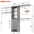 iSunirm 8FT Closet System, 96'' Closet Organizer System with 3 Hanging Rods, Wall Mount Bedroom Wardrobe with 3 Drawers Walk-in Closet, Adjustable Cloth Garment Rack from 5 to 8FT (Cut to Fit), Grey - color: Grey